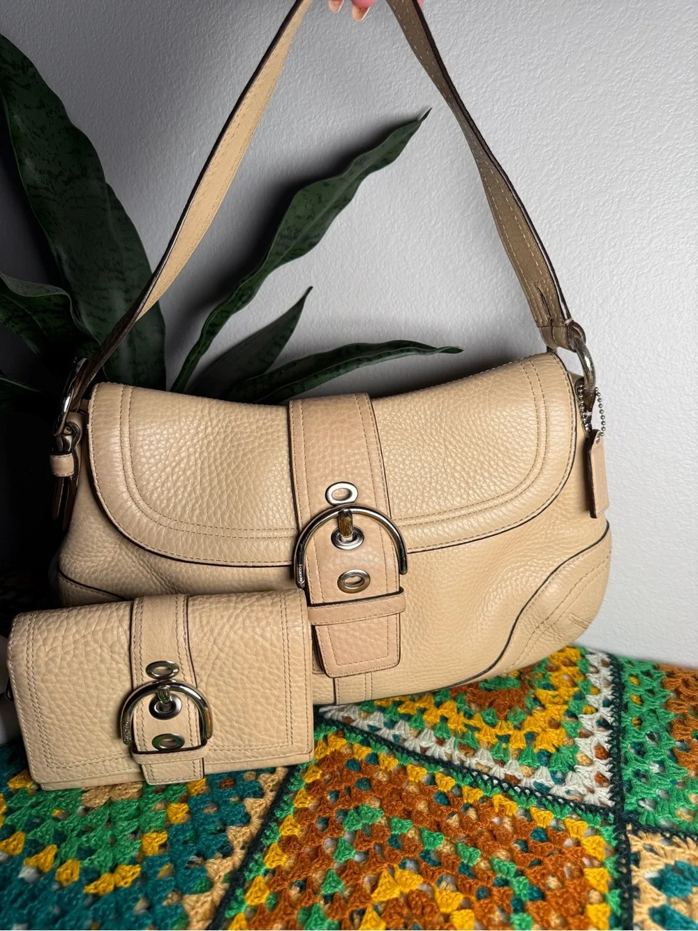 Coach Tan Pebbled Leather Shoulder Bag with Matching Wallet